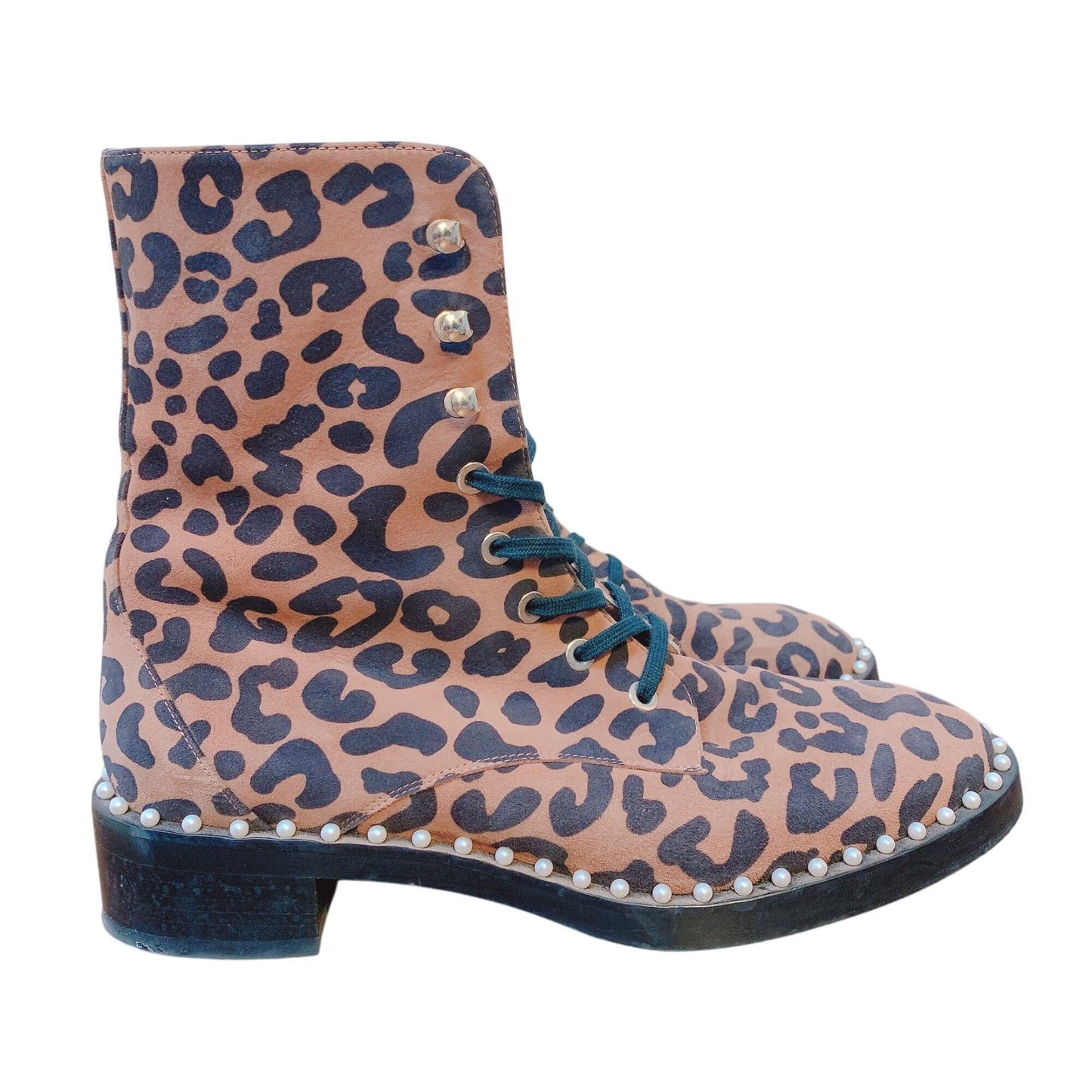 Stuart Weitzman Leopard Animal Print Lace-Up Ankle Boots With Pearl Studded Trim 8