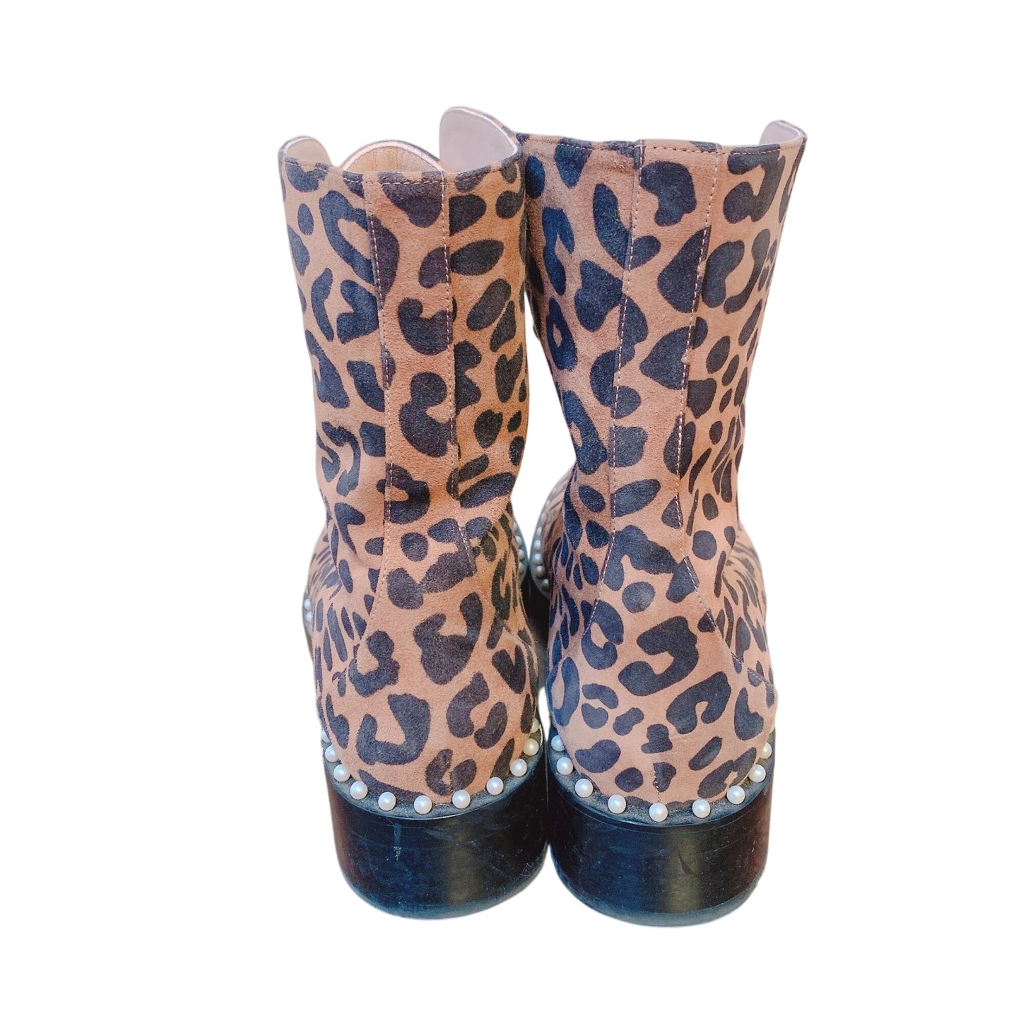 Stuart Weitzman Leopard Animal Print Lace-Up Ankle Boots With Pearl Studded Trim 8