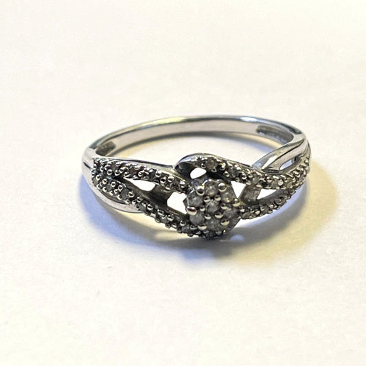1/10 Carat Diamond Ring 10K White Gold Twisted Band Size 7