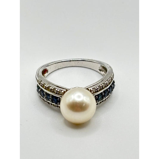White Cultured Japanese Akoya Pearl & Blue Diamond Sterling Silver Ring