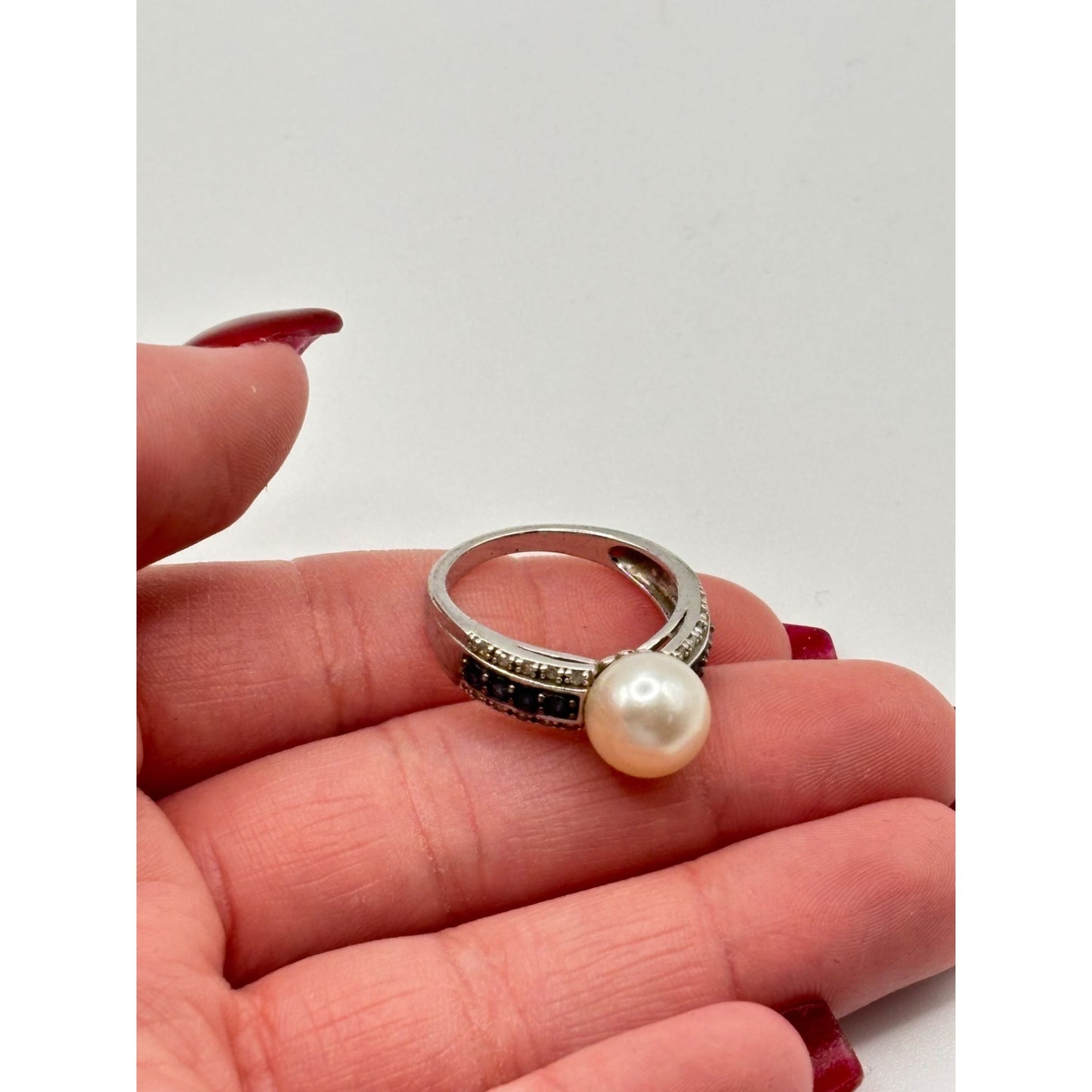 White Cultured Japanese Akoya Pearl & Blue Diamond Sterling Silver Ring