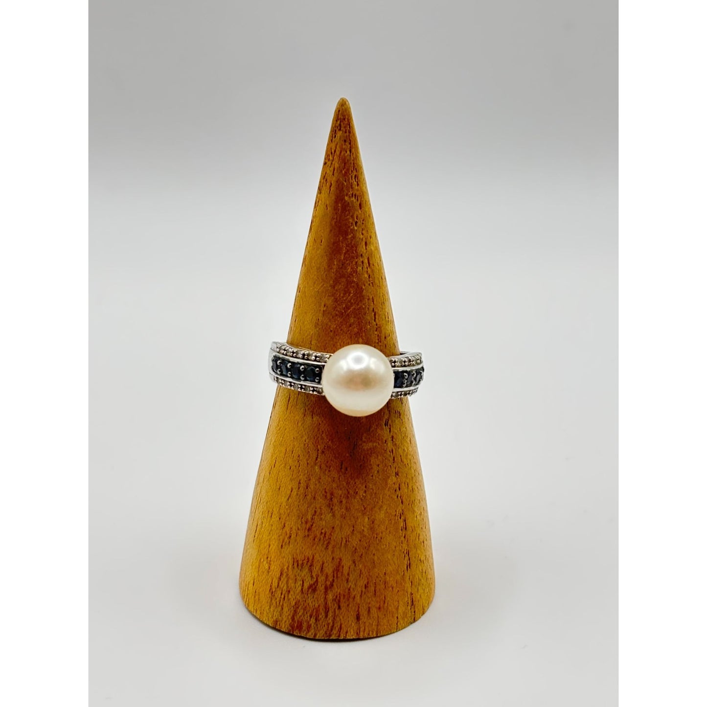 White Cultured Japanese Akoya Pearl & Blue Diamond Sterling Silver Ring