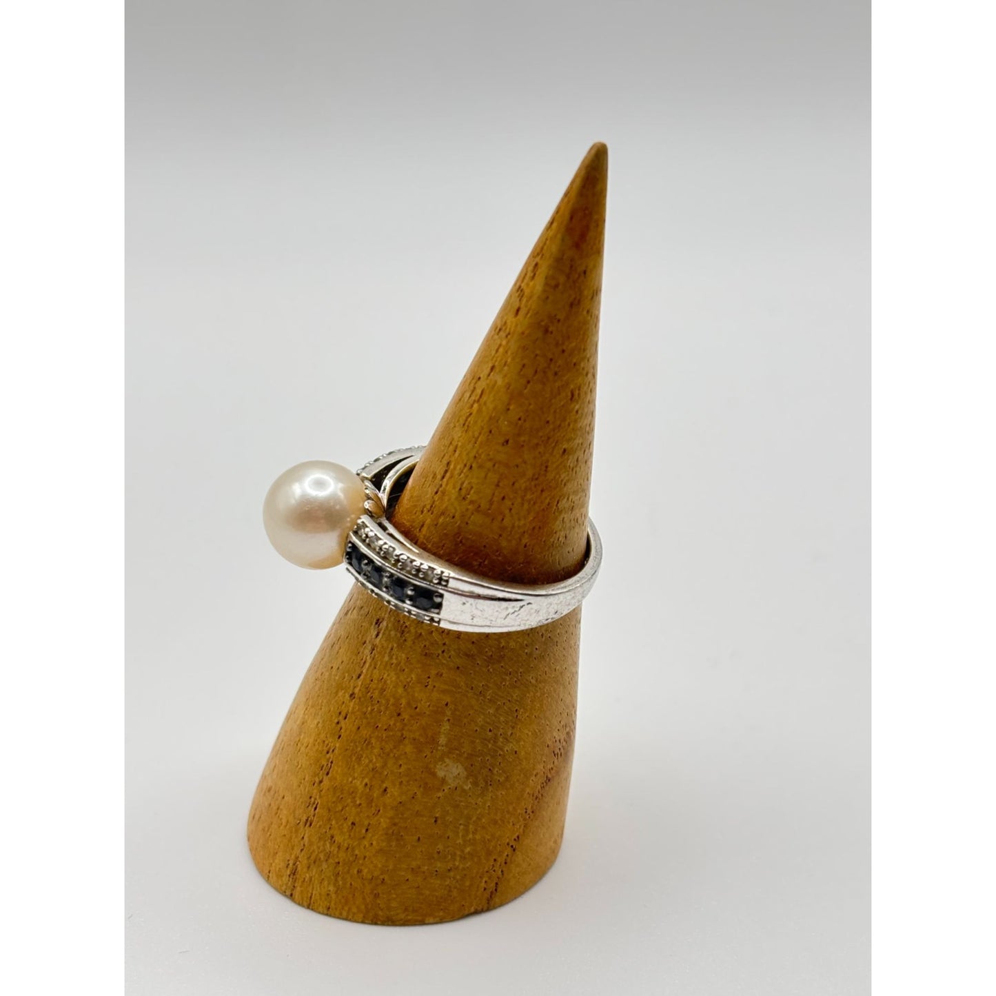 White Cultured Japanese Akoya Pearl & Blue Diamond Sterling Silver Ring