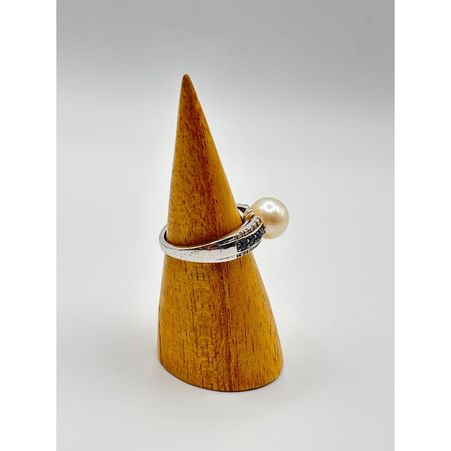 White Cultured Japanese Akoya Pearl & Blue Diamond Sterling Silver Ring