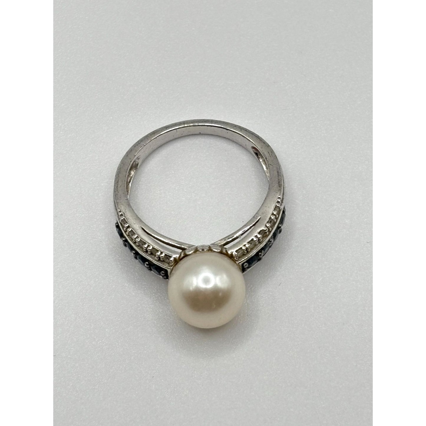 White Cultured Japanese Akoya Pearl & Blue Diamond Sterling Silver Ring