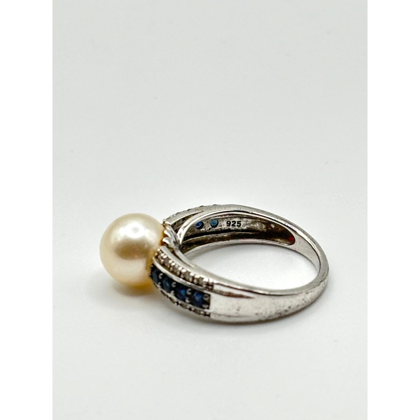 White Cultured Japanese Akoya Pearl & Blue Diamond Sterling Silver Ring