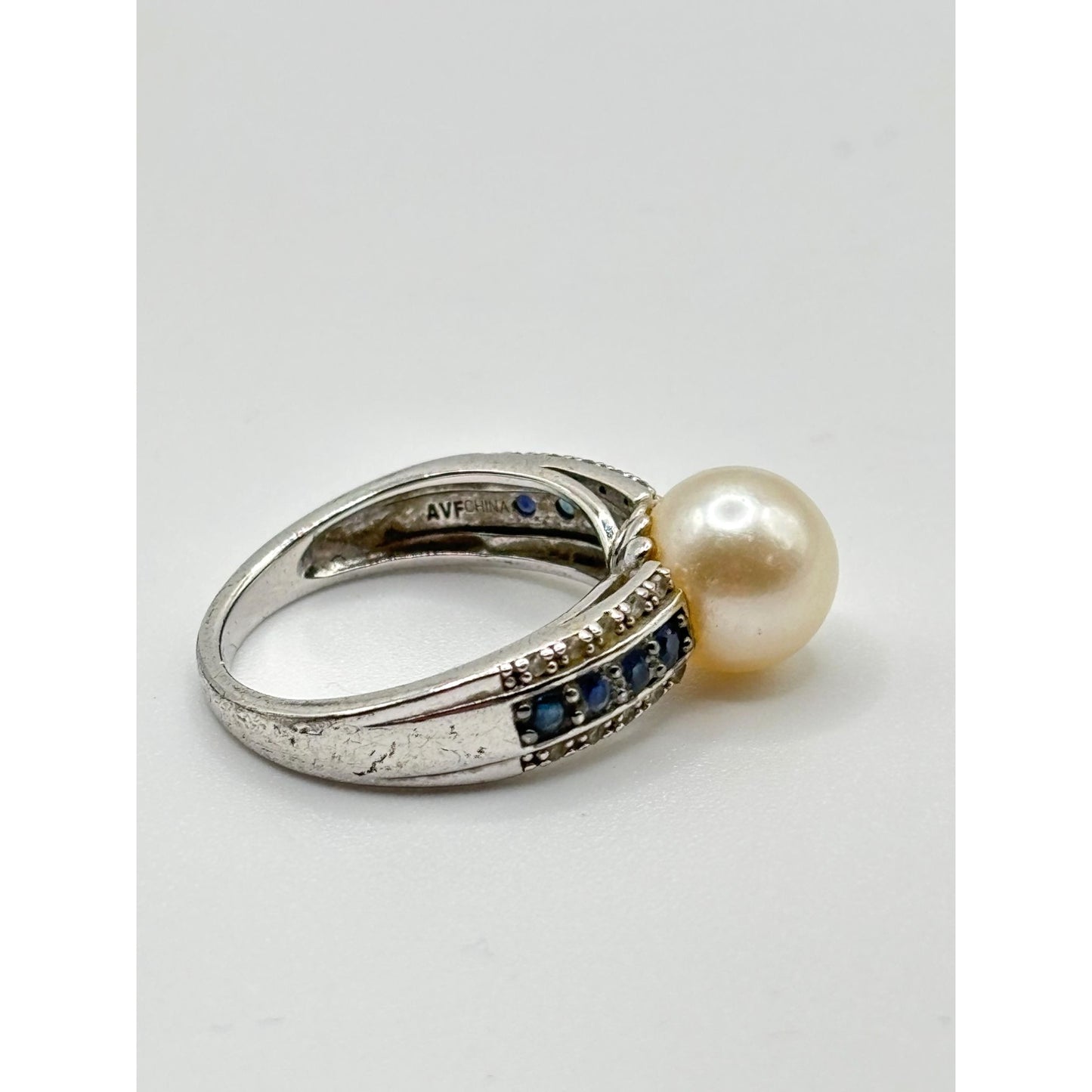 White Cultured Japanese Akoya Pearl & Blue Diamond Sterling Silver Ring