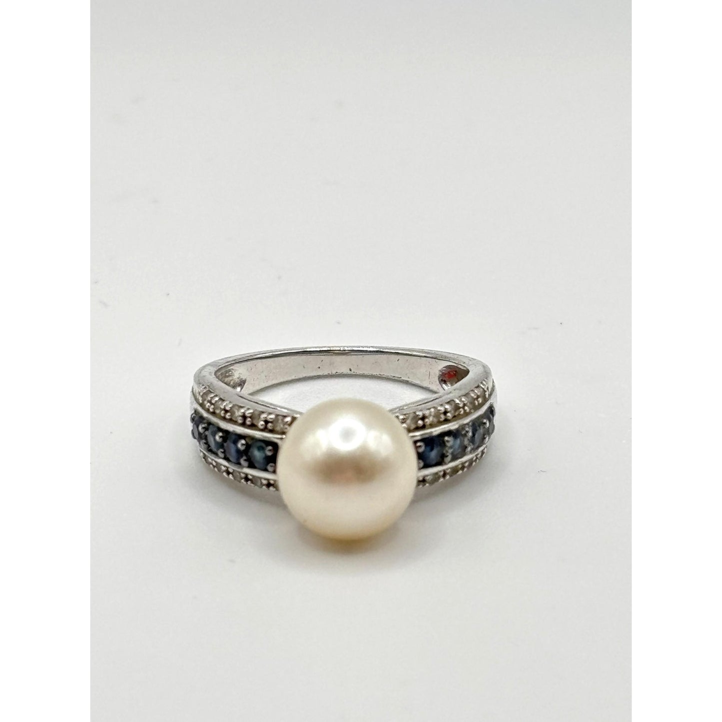 White Cultured Japanese Akoya Pearl & Blue Diamond Sterling Silver Ring