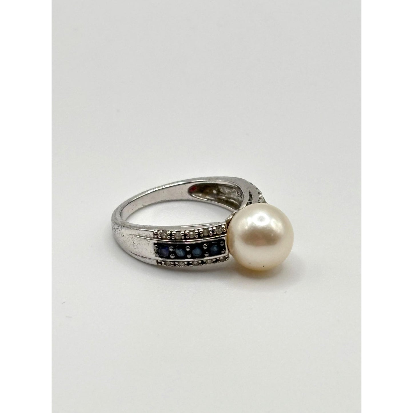 White Cultured Japanese Akoya Pearl & Blue Diamond Sterling Silver Ring