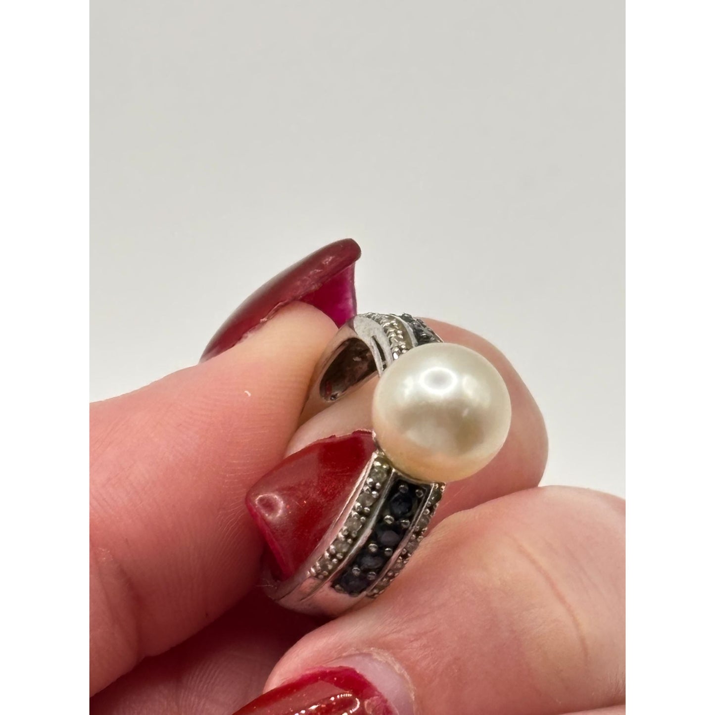 White Cultured Japanese Akoya Pearl & Blue Diamond Sterling Silver Ring