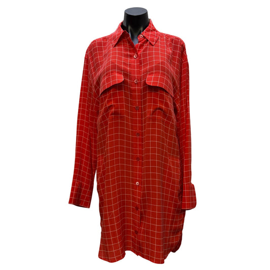Equipment Femme Coral White Grid Long Sleeve Button-Down Shirt Dress M