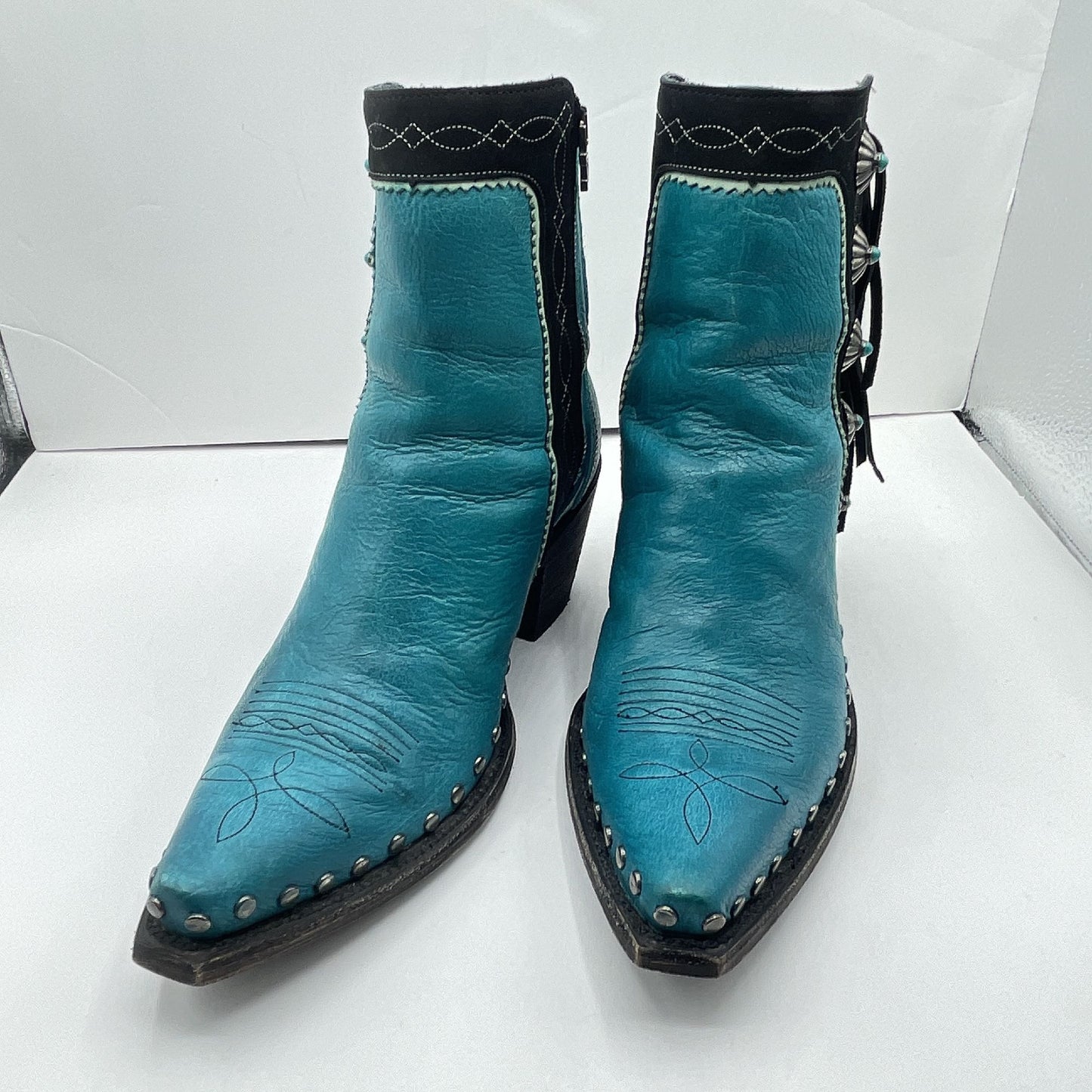 Double D Ranch Old Gringo Turquoise Leather Fringed Short Cowboy Boots Size 7