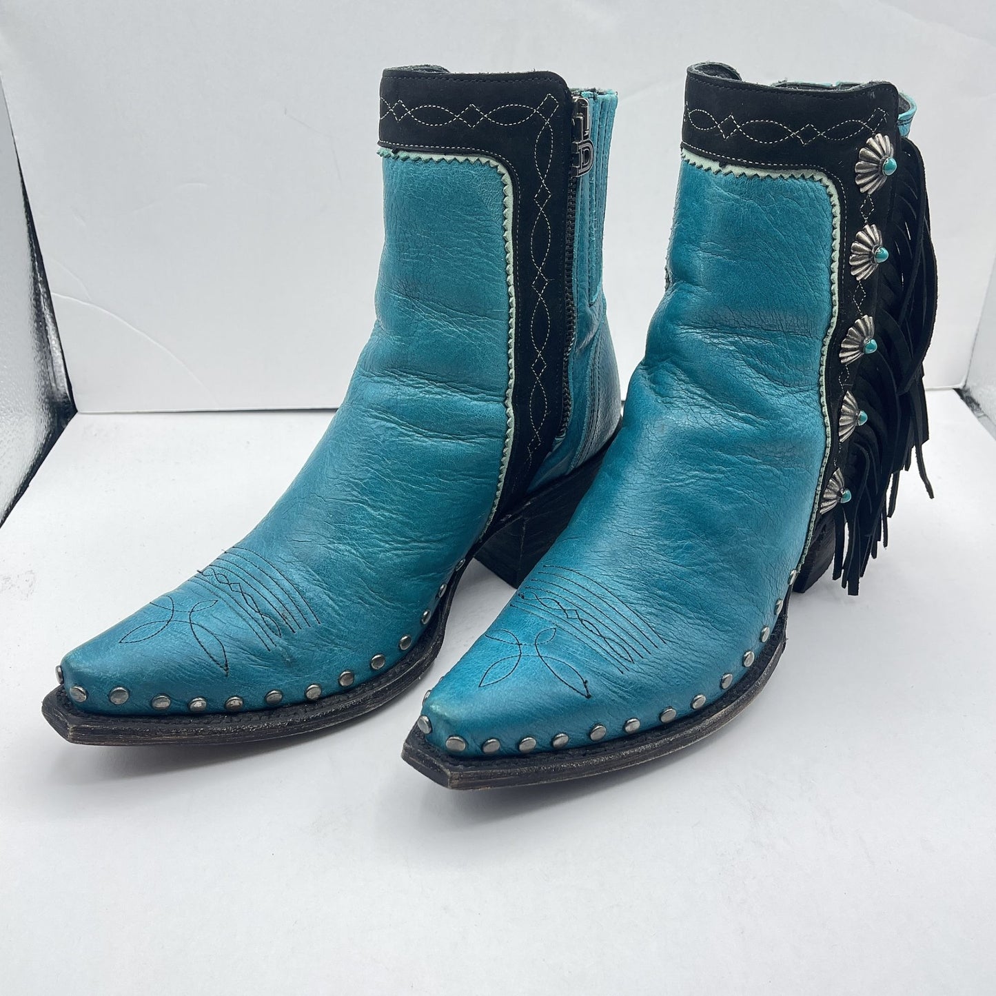 Double D Ranch Old Gringo Turquoise Leather Fringed Short Cowboy Boots Size 7