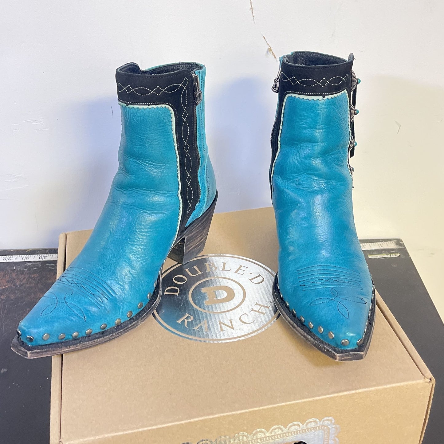 Double D Ranch Old Gringo Turquoise Leather Fringed Short Cowboy Boots Size 7