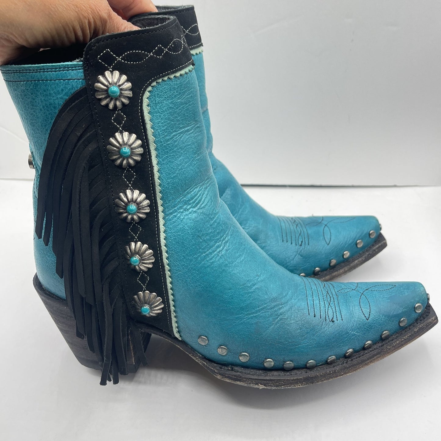 Double D Ranch Old Gringo Turquoise Leather Fringed Short Cowboy Boots Size 7