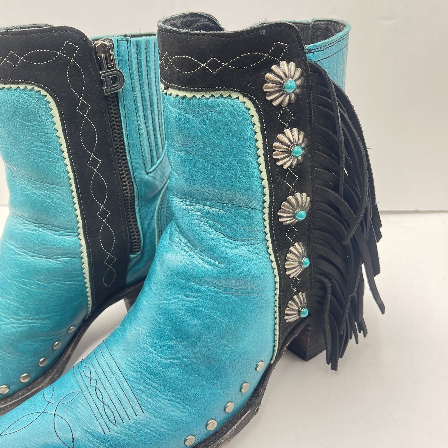 Double D Ranch Old Gringo Turquoise Leather Fringed Short Cowboy Boots Size 7