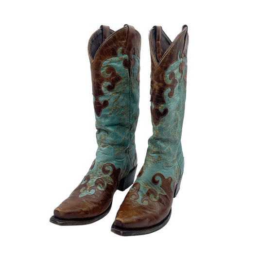 Lane Womens Turquoise Brown Leather Western Boots Size 8.5