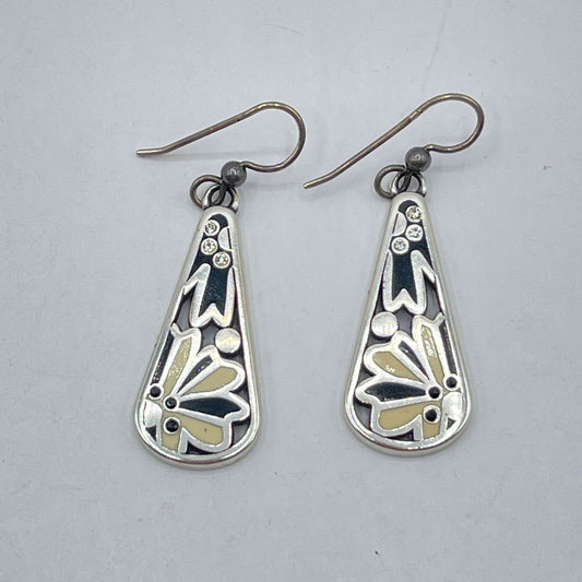 Brighton Silver Tone Drop Earrings With Floral Motif & Rhinestones