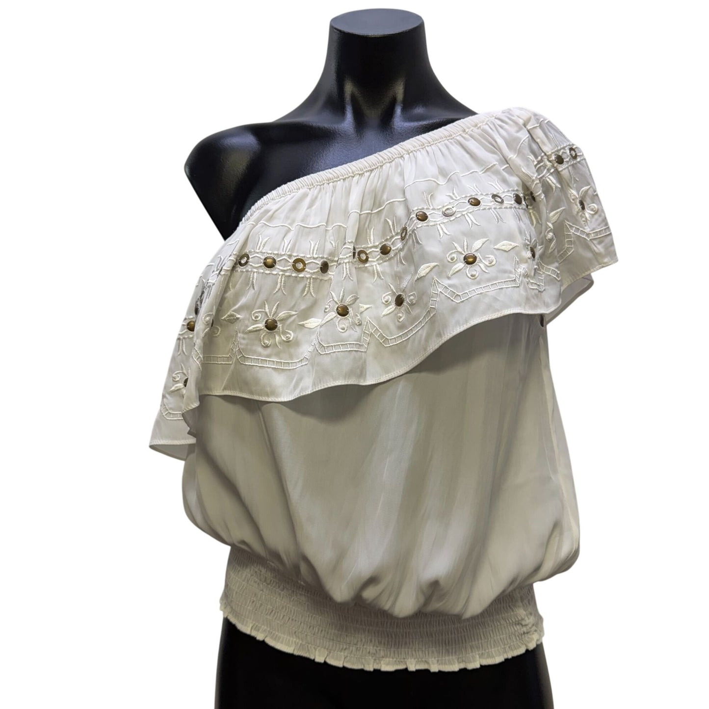 Ramy Brook White One-Shoulder Embroidered Blouse L