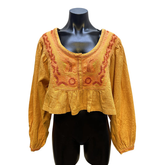 NWT Free People Yellow Gold w/Multicolored  Embroidery Crop Blouse Size Small