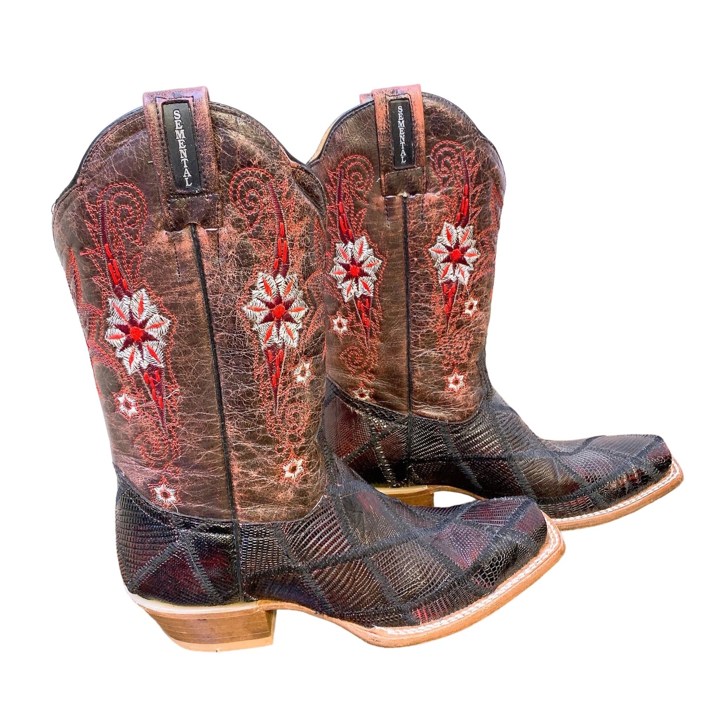 Semental Womens Leather Cowboy Boots Embroidered Western Red/Black 6