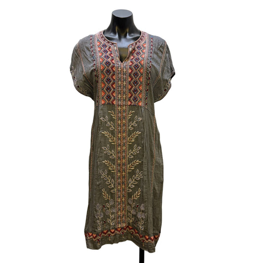Johnny Was Workshop Embroidered Cotton Dress Short Sleeve Gray Multicolor S