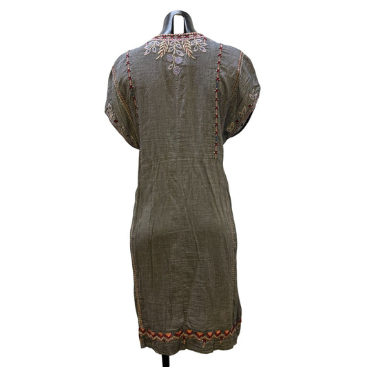 Johnny Was Workshop Embroidered Cotton Dress Short Sleeve Gray Multicolor S