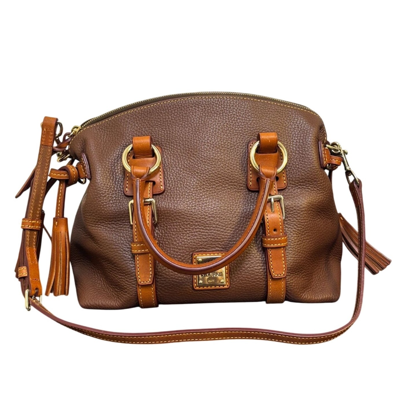 Dooney & Bourke Pebble Leather Satchel Bag With Adjustable Strap & Tassels - Brown