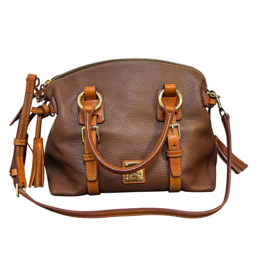 Dooney & Bourke Pebble Leather Satchel Bag With Adjustable Strap & Tassels - Brown