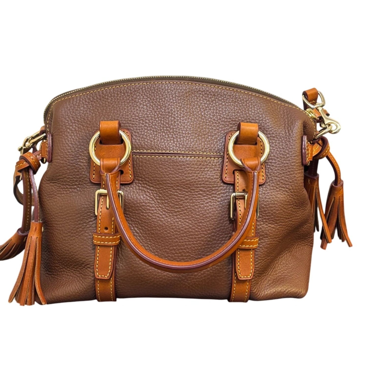 Dooney & Bourke Pebble Leather Satchel Bag With Adjustable Strap & Tassels - Brown