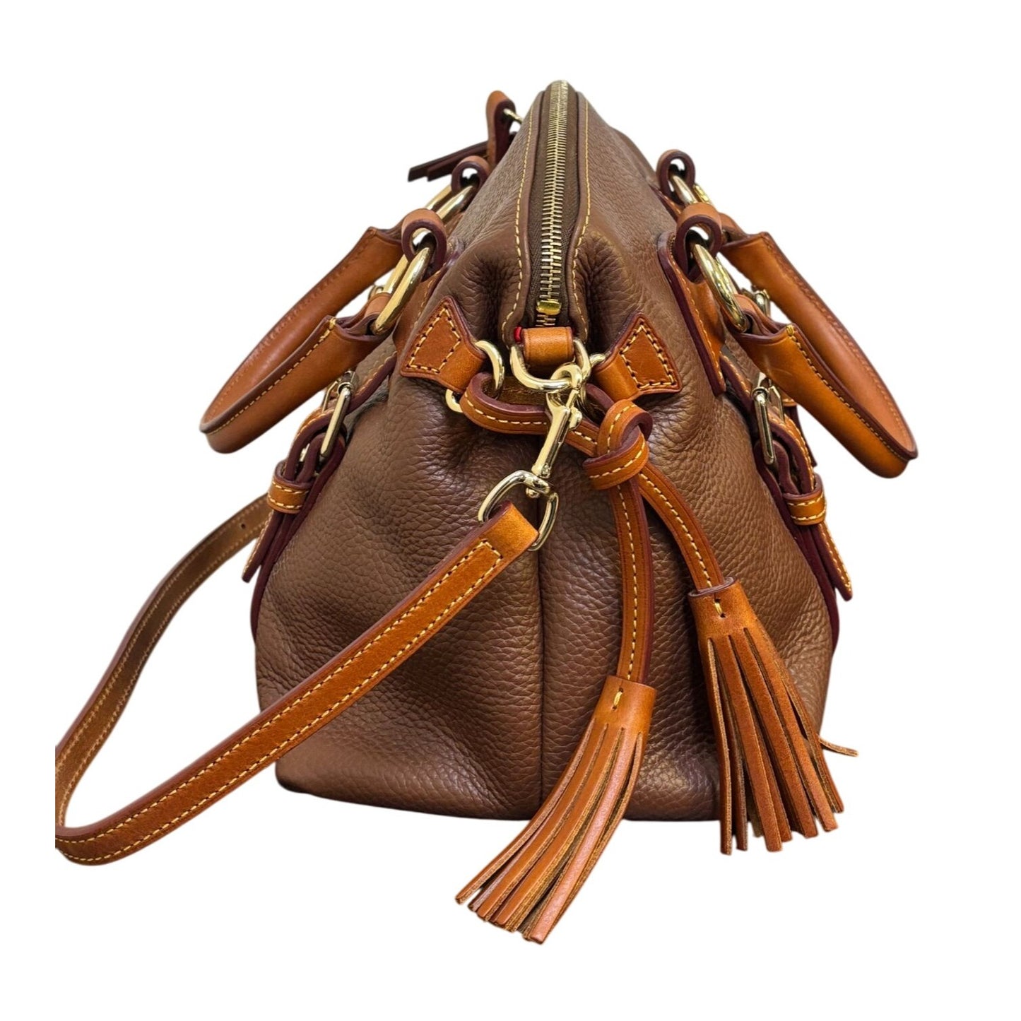 Dooney & Bourke Pebble Leather Satchel Bag With Adjustable Strap & Tassels - Brown