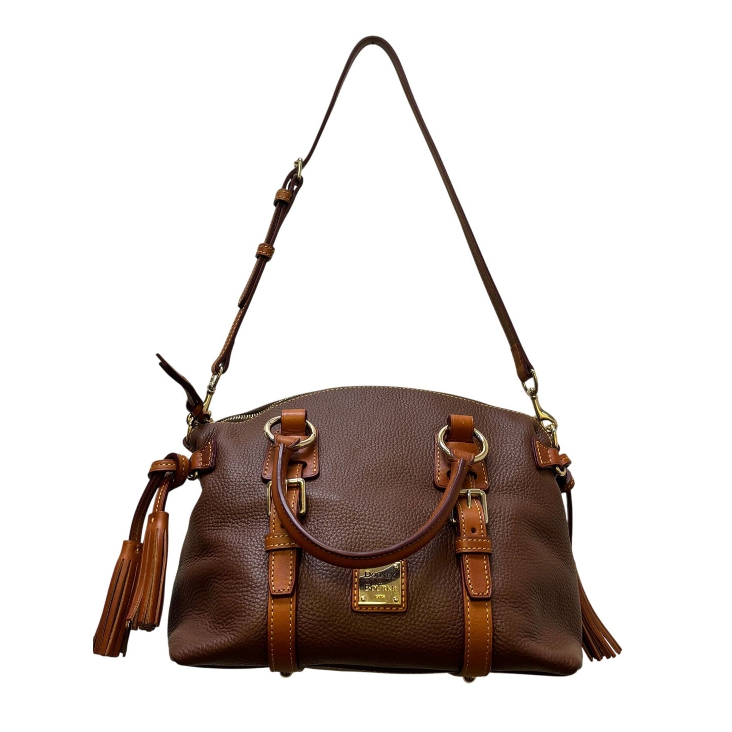 Dooney & Bourke Pebble Leather Satchel Bag With Adjustable Strap & Tassels - Brown