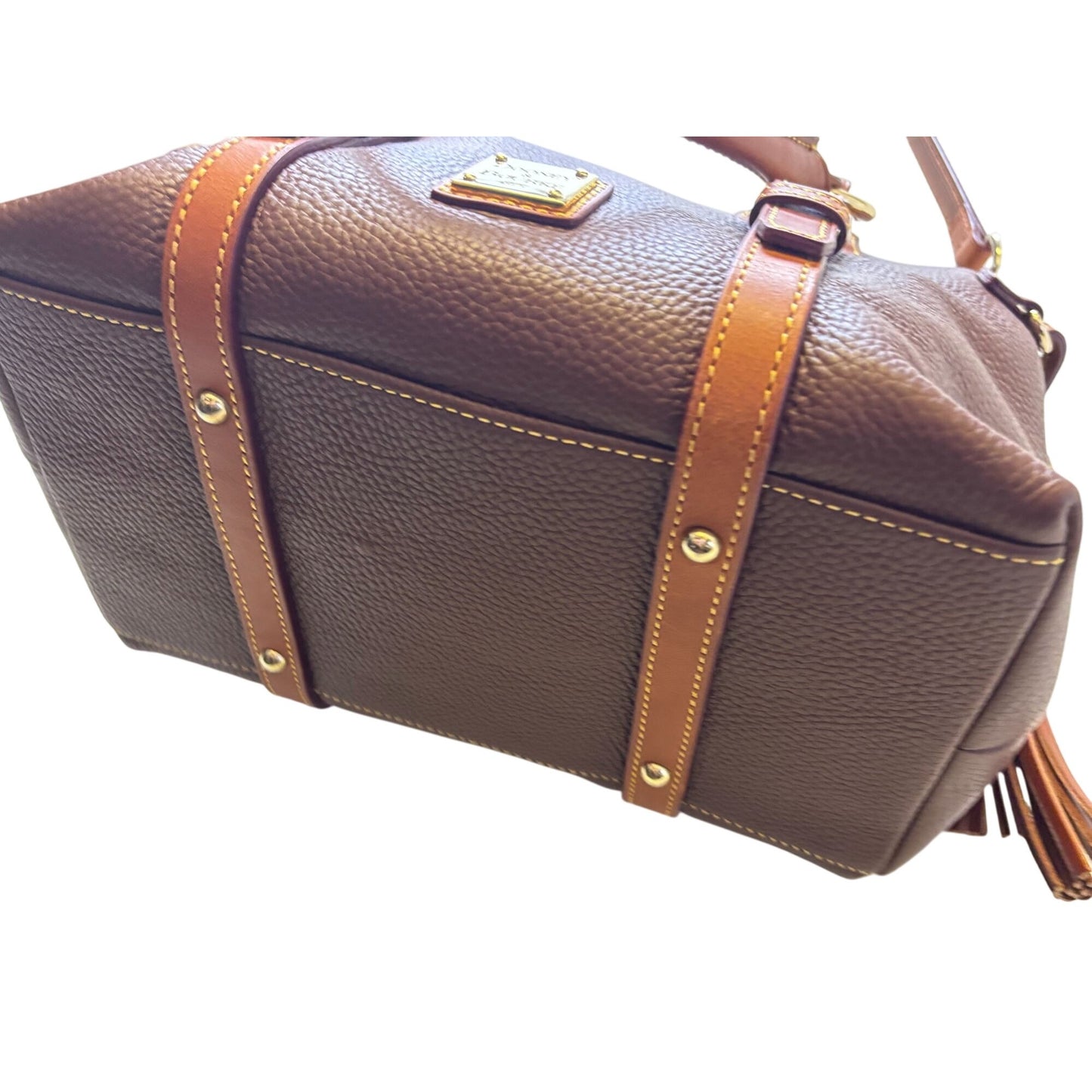 Dooney & Bourke Pebble Leather Satchel Bag With Adjustable Strap & Tassels - Brown