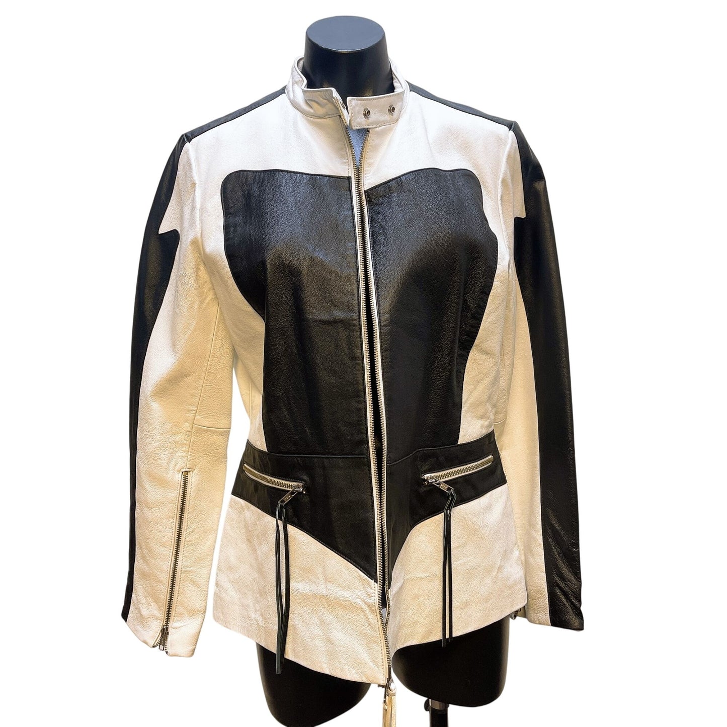 Metrostyle Womens Genuine Leather Black White Jacket Size 12