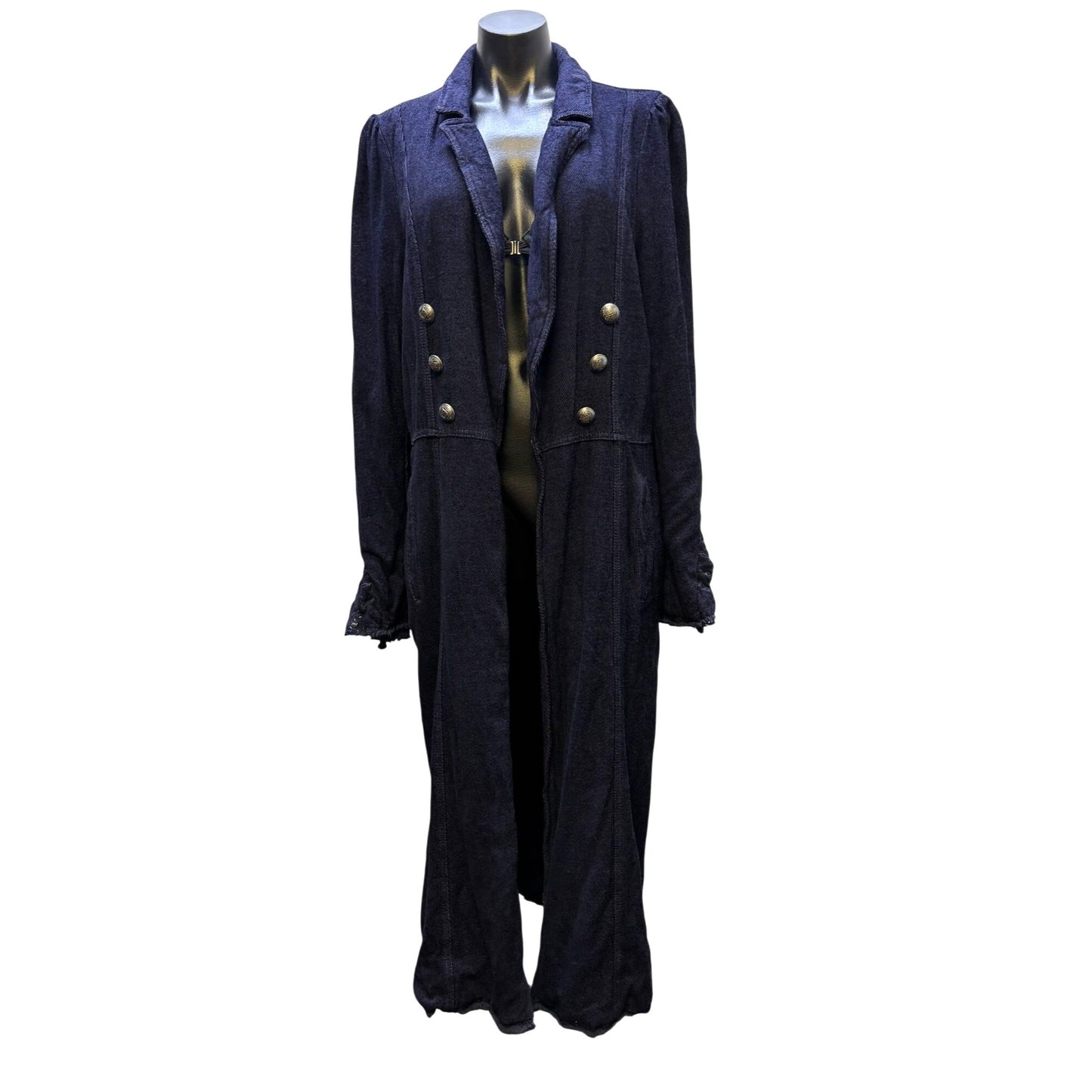 Free People Navy Long Double-Breasted Coat With Gold Buttons Size L