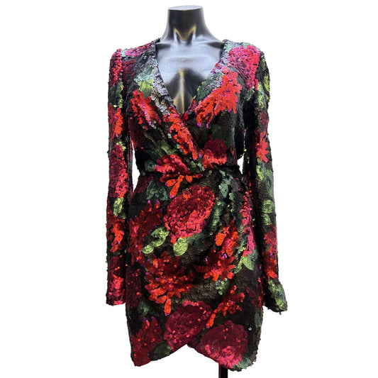 Saylor Sequined Floral Dress Black Red Pink M