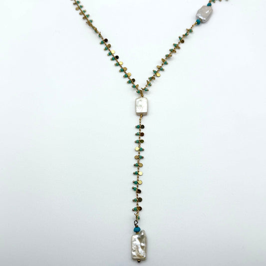 Nakamol Long Gold Chain Necklace With Pearl & Turquoise Accents