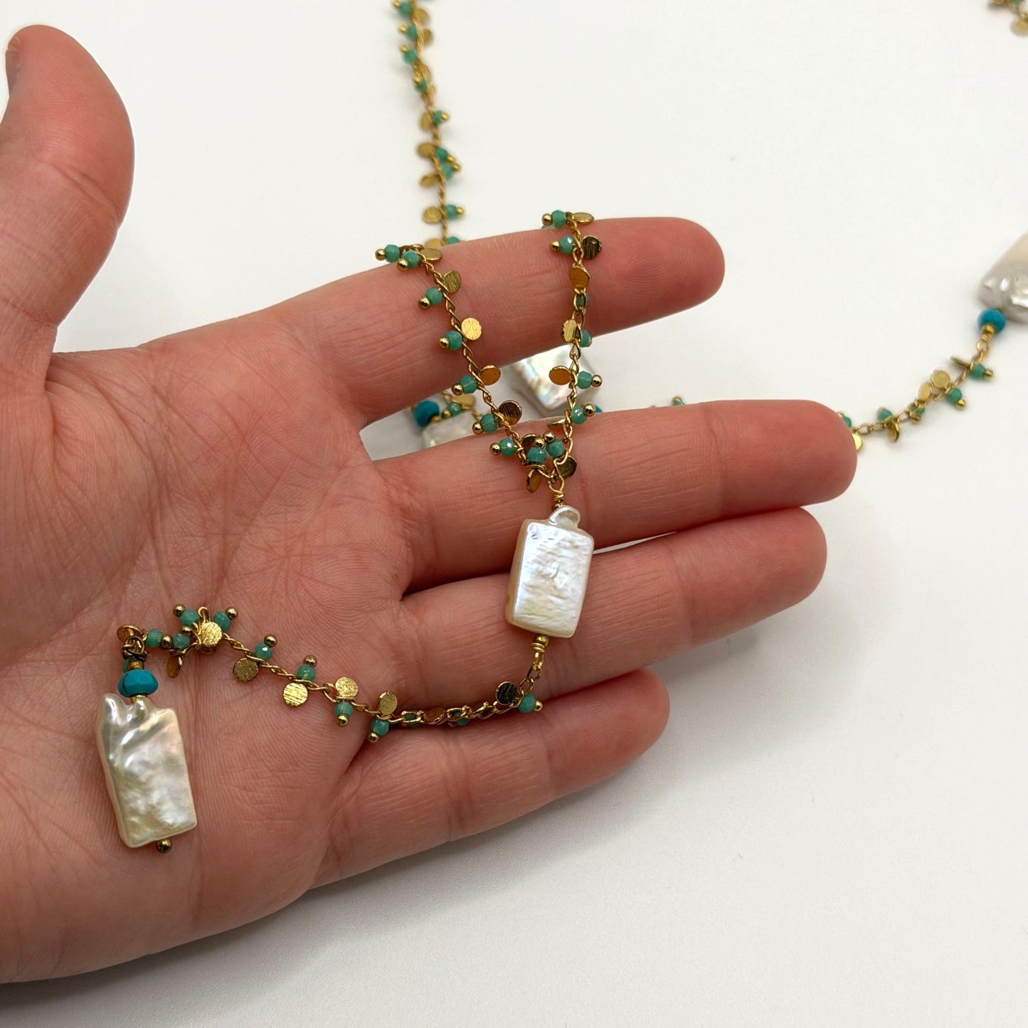 Nakamol Long Gold Chain Necklace With Pearl & Turquoise Accents