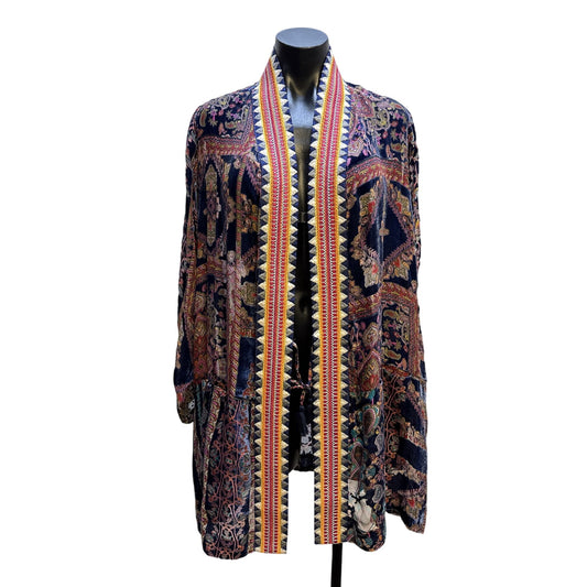 Johnny Was Velvet Multicolor Bohemian-Style Open Front Cardigan Intricate Paisley Pattern Size M