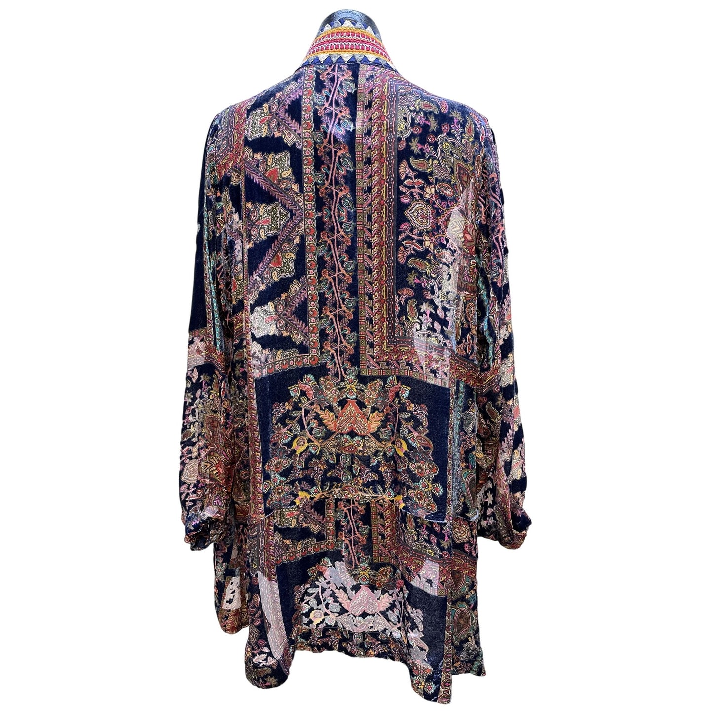 Johnny Was Velvet Multicolor Bohemian-Style Open Front Cardigan Intricate Paisley Pattern Size M