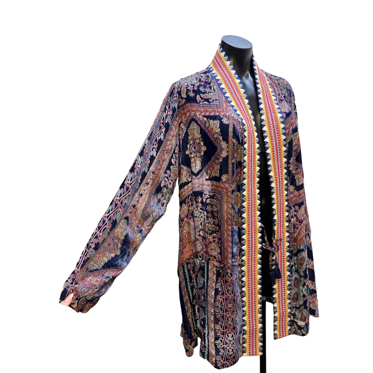 Johnny Was Velvet Multicolor Bohemian-Style Open Front Cardigan Intricate Paisley Pattern Size M