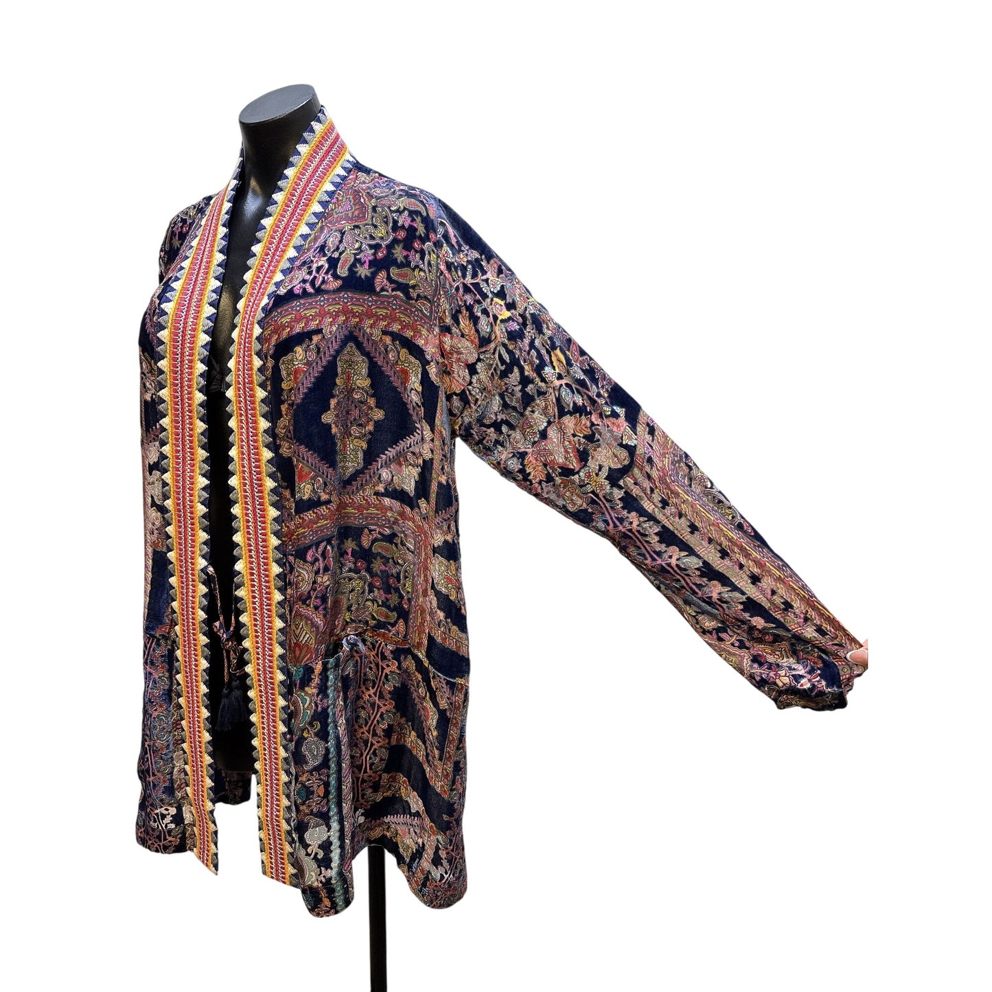 Johnny Was Velvet Multicolor Bohemian-Style Open Front Cardigan Intricate Paisley Pattern Size M