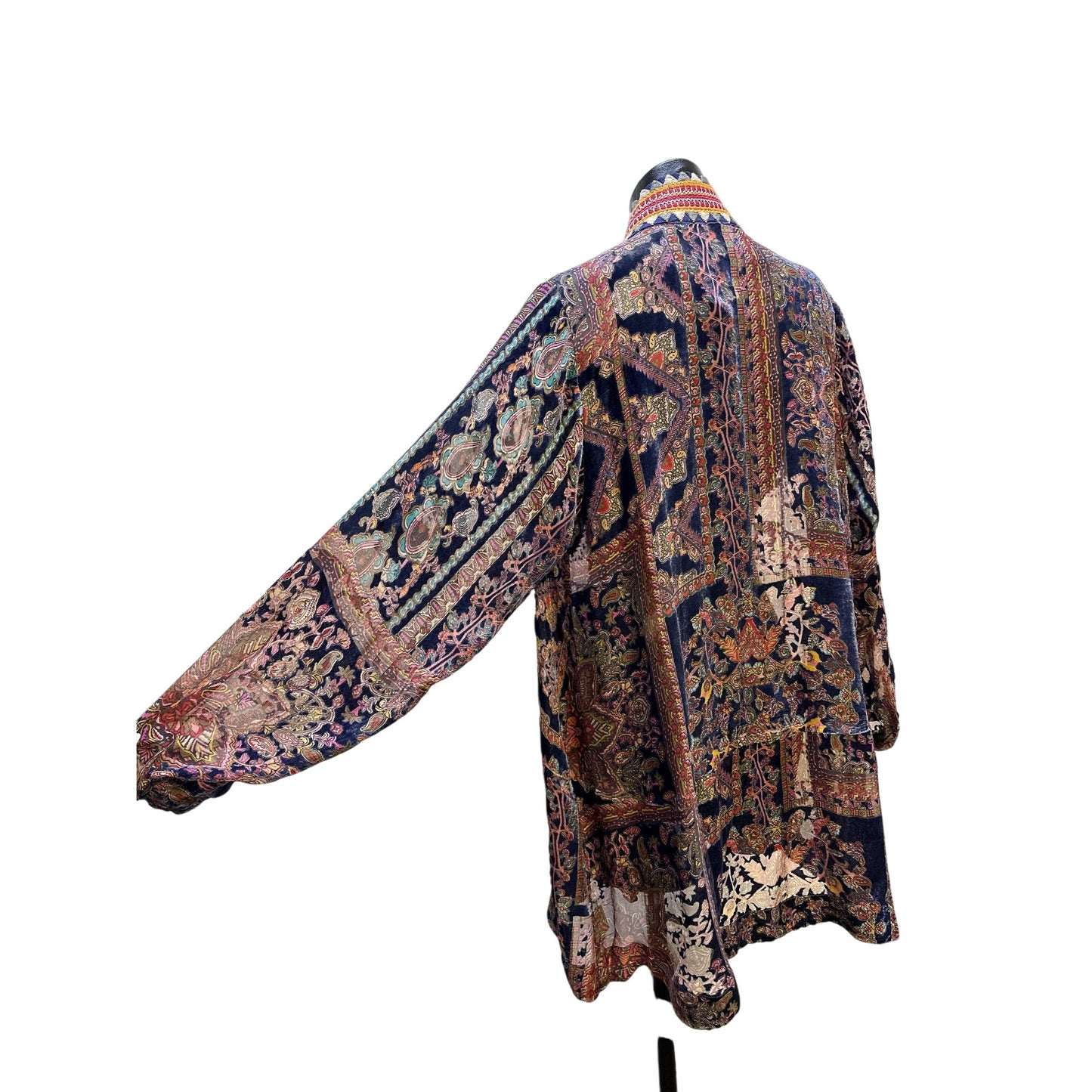 Johnny Was Velvet Multicolor Bohemian-Style Open Front Cardigan Intricate Paisley Pattern Size M