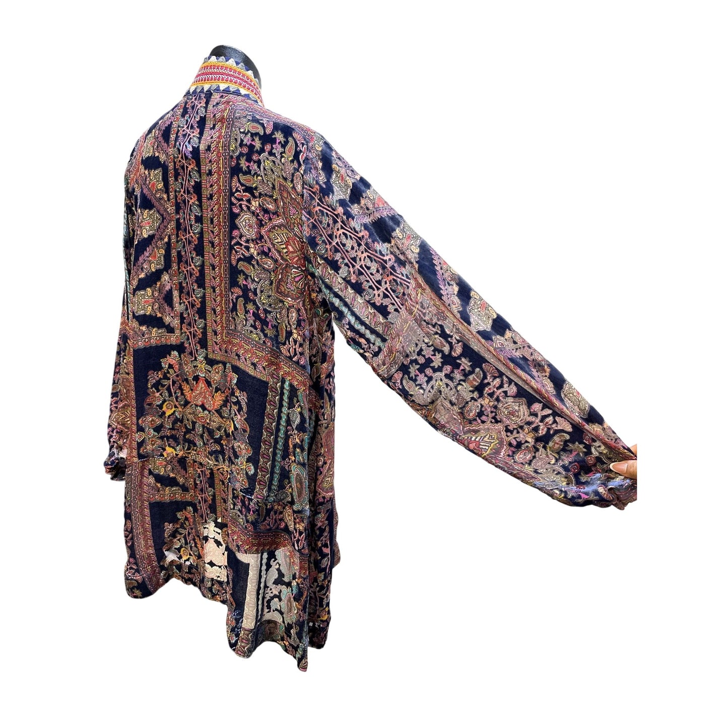 Johnny Was Velvet Multicolor Bohemian-Style Open Front Cardigan Intricate Paisley Pattern Size M