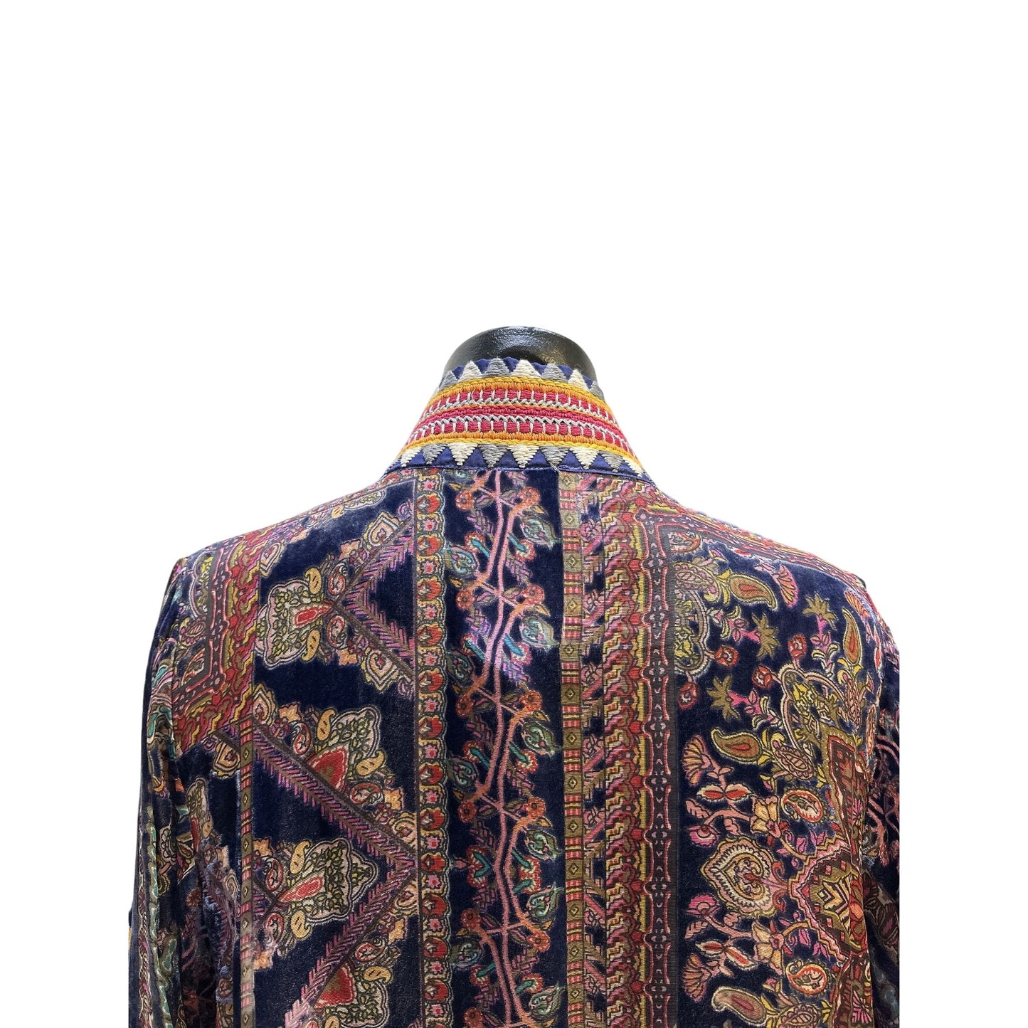 Johnny Was Velvet Multicolor Bohemian-Style Open Front Cardigan Intricate Paisley Pattern Size M