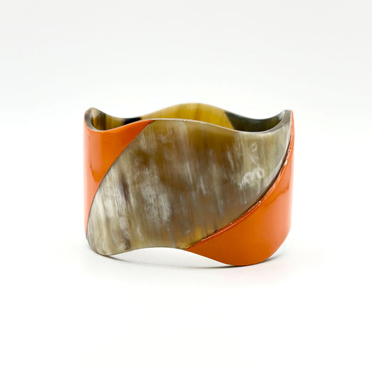 Buffalo Horn Cuff Bracelet With Natural & Orange Pattern