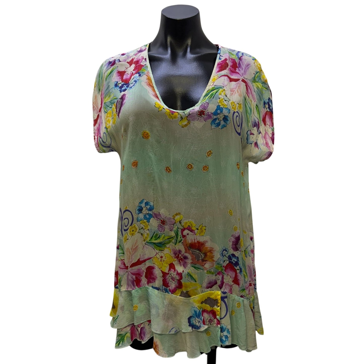 Johnny Was Silk Floral Print Tunic Blouse Green Multi S