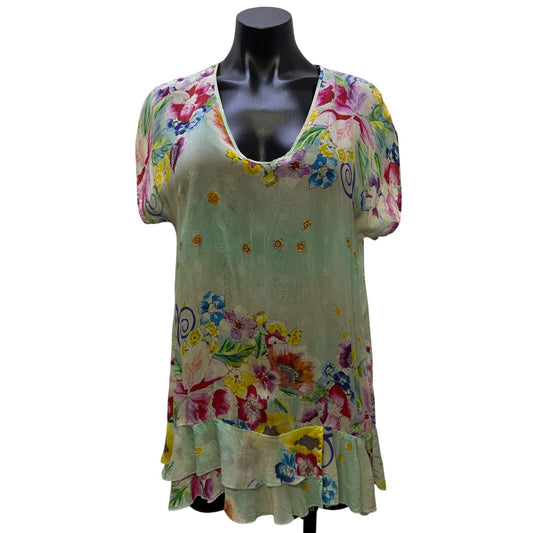 Johnny Was Silk Floral Print Tunic Blouse Green Multi S