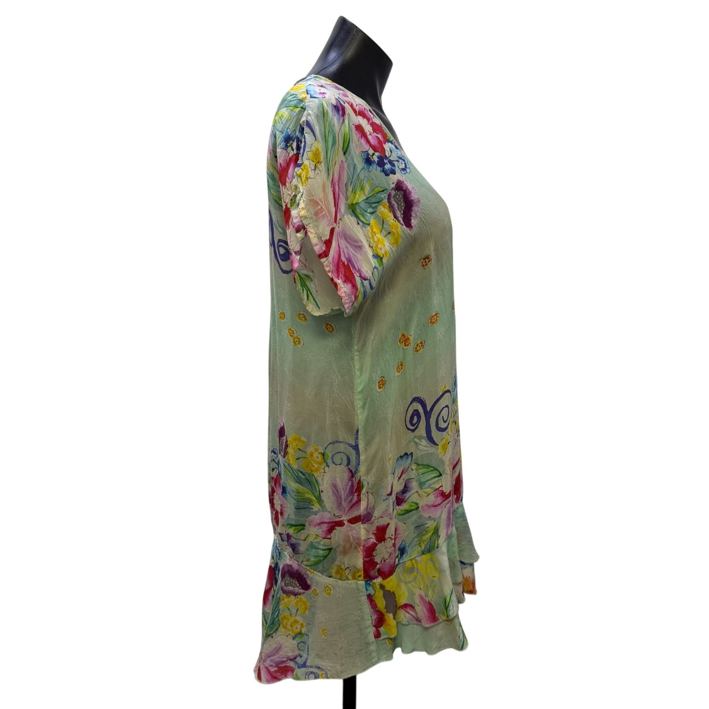 Johnny Was Silk Floral Print Tunic Blouse Green Multi S