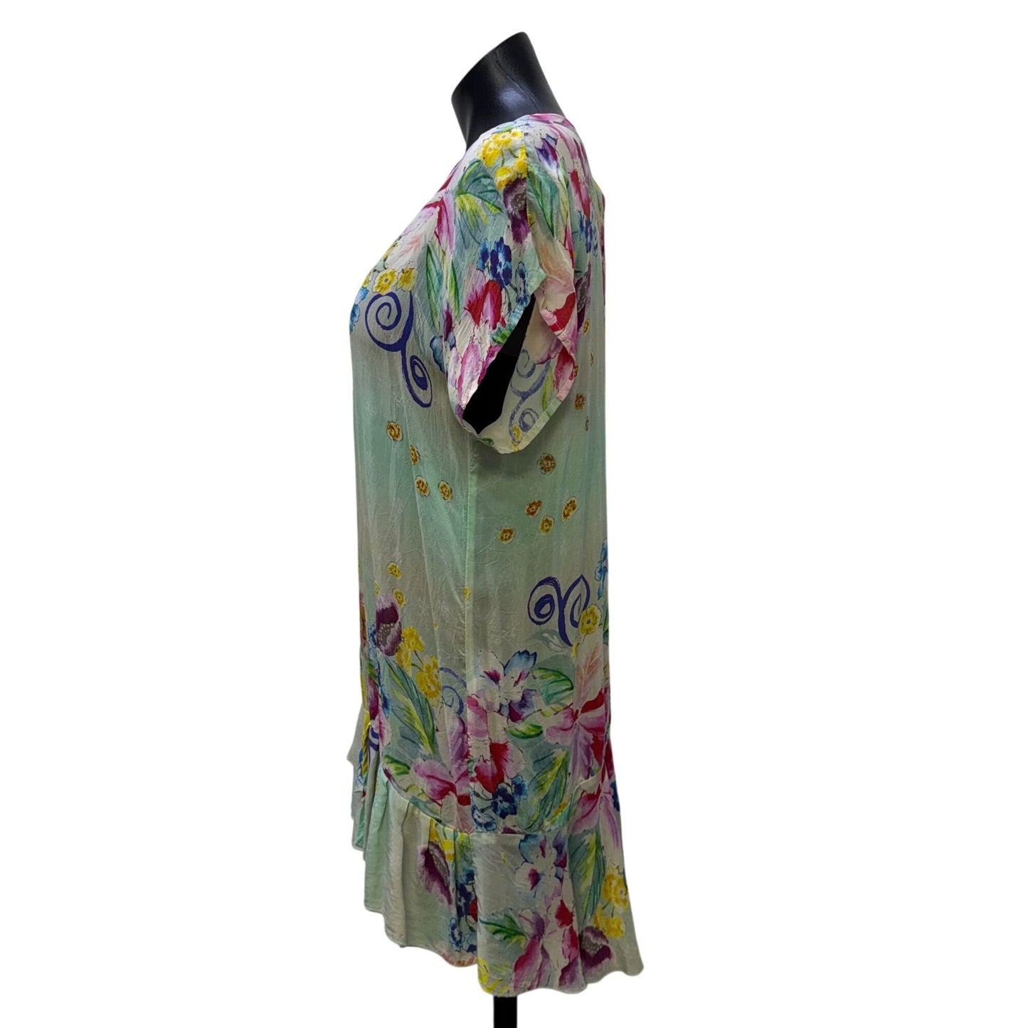 Johnny Was Silk Floral Print Tunic Blouse Green Multi S